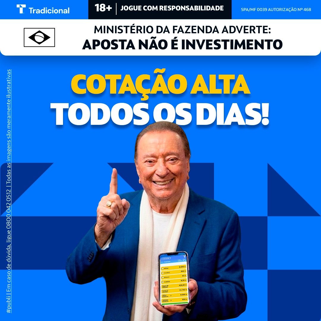 Raul Gil segurando celular com as cotações da Loteria Tradicional e o texto Cotação alta todos os dias