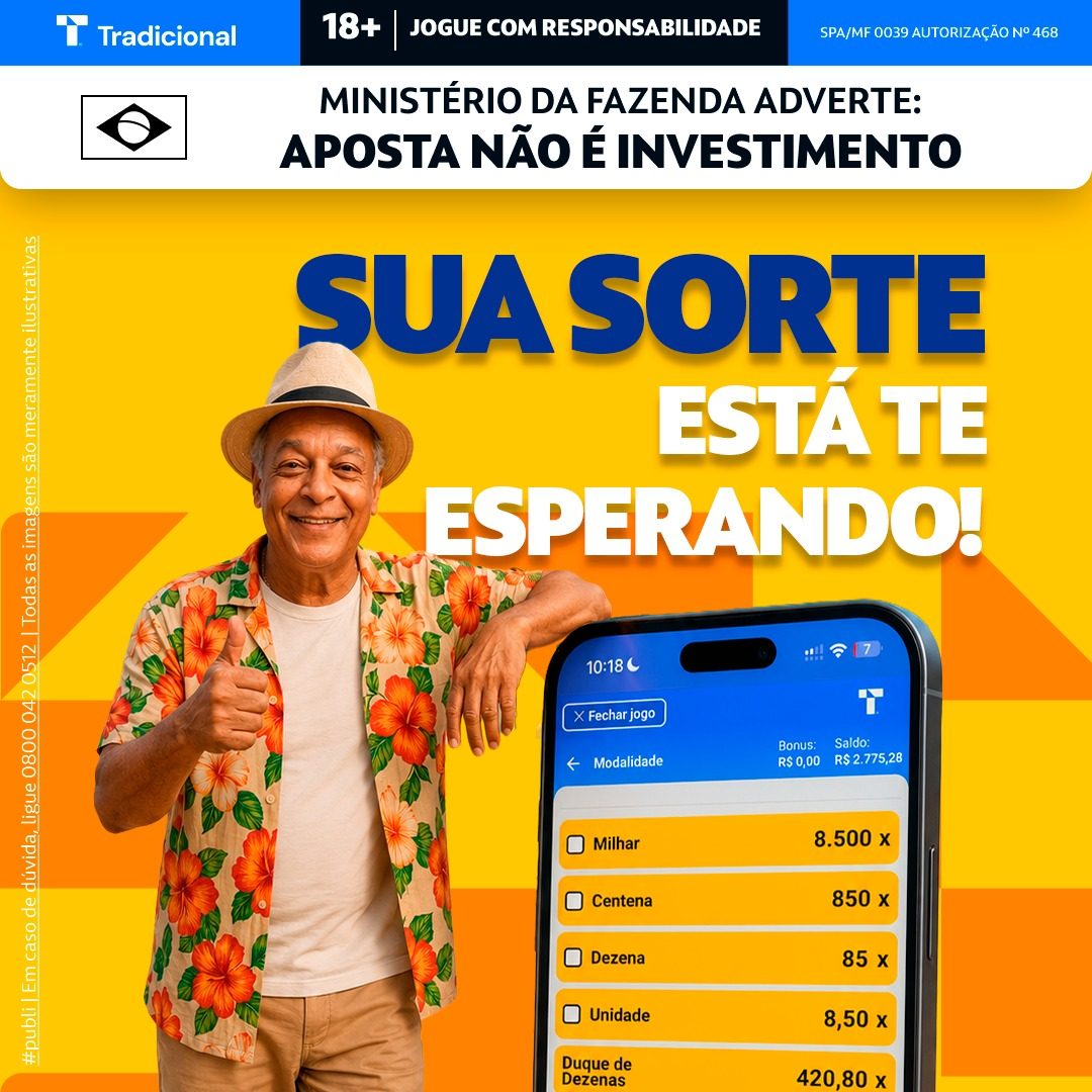 Homem sorridente ao lado de celular exibindo as modalidades da Loteria Tradicional, com o texto Sua sorte está te esperando