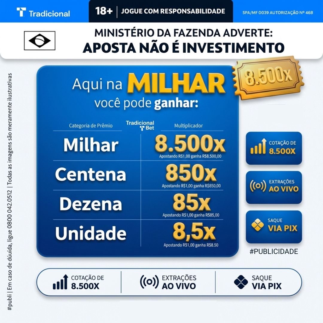 Tabela de cotações da Loteria Tradicional: milhar 8.500x, centena 850x, dezena 85x, unidade 8,5x, com selos de extrações ao vivo e saque via Pix
